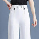 [Pague 3, Leve 5] Calças Femininas Living de Cintura Alta com Botões Frontais em Poliéster e Seda Gelo