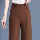 [Pague 3, Leve 5] Calças Femininas Living de Cintura Alta com Botões Frontais em Poliéster e Seda Gelo